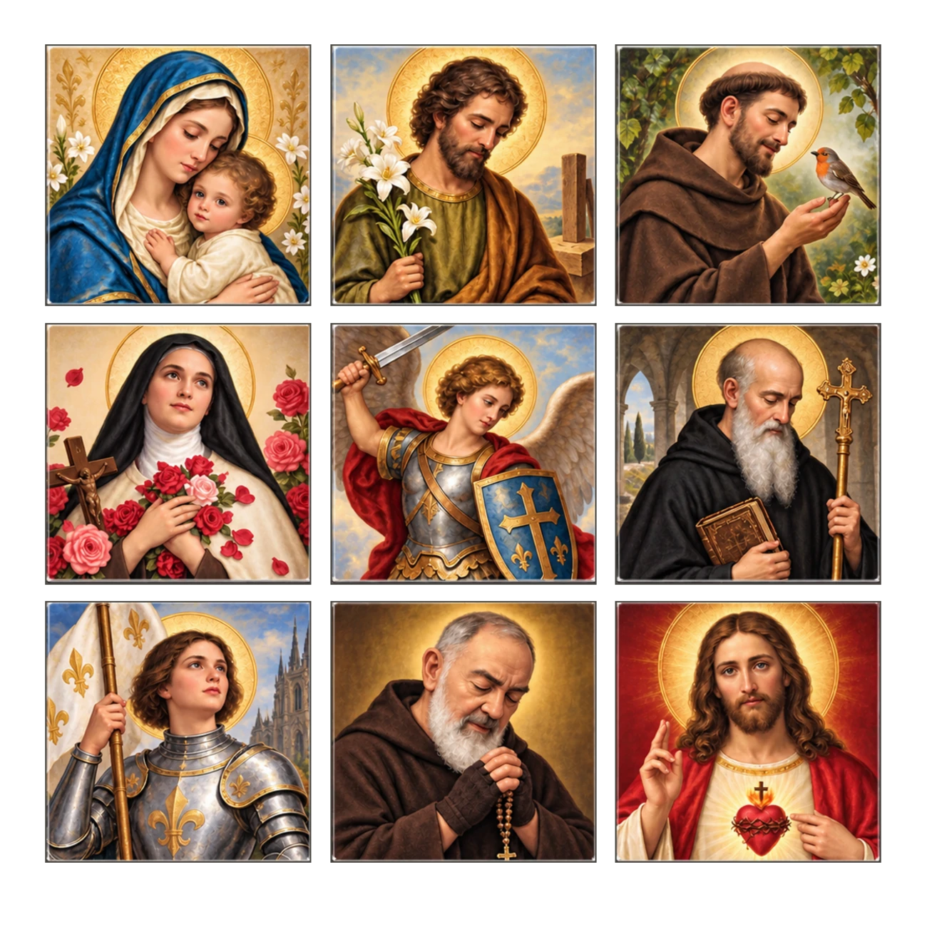 Nine sharp-edged square Catholic devotional magnets featuring Mary, Jesus, and the saints
